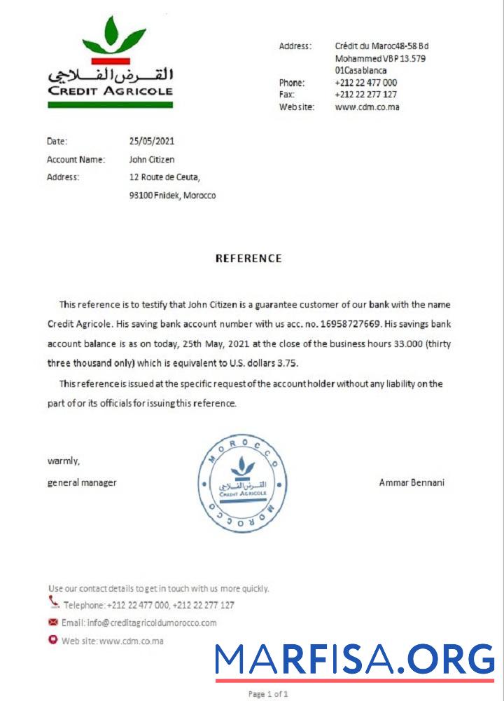 Printable Morocco Credit Agricole bank reference example